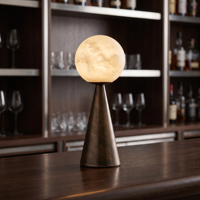 Lampe de table LED d'ambiance moderne en albâtre naturel avec abat-jour conique, base en bronze, variateur tactile, rechargeable, pour chevet et hôtel