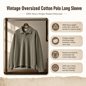 Sweat-shirt à col polo oversize pour homme, en coton délavé vintage, à manches longues, avec bords usés, style streetwear décontracté, OEM - Product Image 2