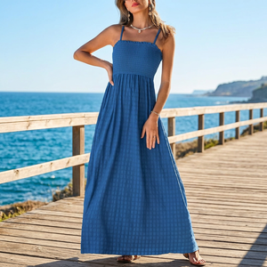 Vestido Maxi Boho con Tirantes Finos, Corte en A, Color Azul Sólido, Algodón, Ajuste Holgado, Transpirable, Vestido Casual de Verano - Product Image 3
