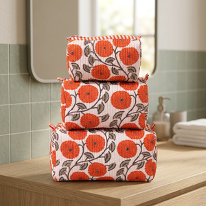 Ensemble de trousses de toilette en coton style floral orange, 3 pièces, fermeture éclair, style bohème, multifonctionnel, pour voyage, disponible en ligne - Product Image 3