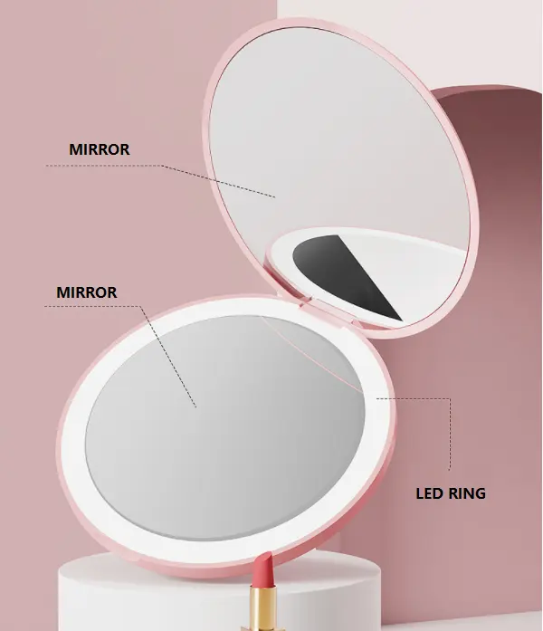 LED MINI mirror round shape 2X folding makeup pocket mirror for travel