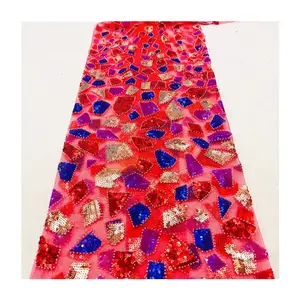 ウェディングドレス用スパンコール付き3Dアップリケ花柄刺繍ビーズチュールレース生地