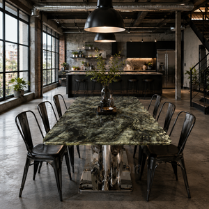 Customized Dining <b>Table</b> Rechtangle <b>Top</b> Modern Villa 6~ 8 Seater Metal Legs <b>Stone</b> Furniture Luxury Labradorite Blue - Product Image 3