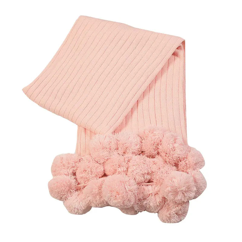 Couverture de salon en peluche de coton, plaid tricoté rose, luxueux et moelleux, avec pompons faits main, pour le canapé et le bureau