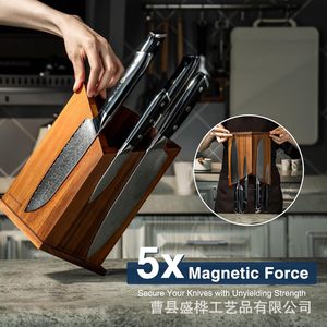 Bloc à couteaux magnétique en bois massif pour comptoir de cuisine, boîte de rangement avec 5 aimants puissants pour une fixation sécurisée des couteaux - Product Image 1