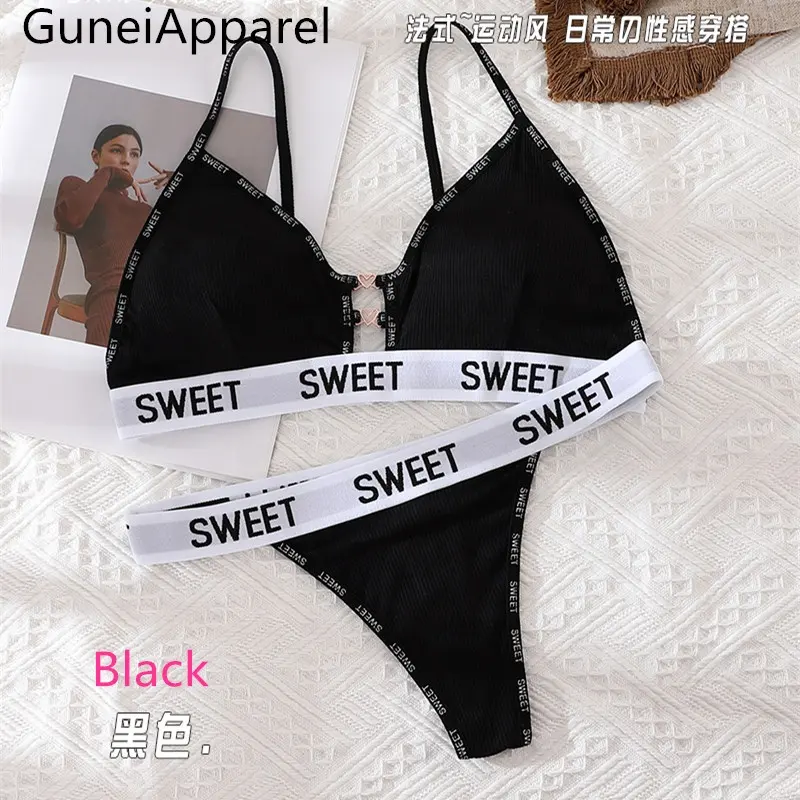 China Fábrica Lingerie Feminina Roupa Interior Sexy das Mulheres Set Girl Sexy Espartilho Carta Sutiã G-String Tanga Calcinha Set Sport bra set