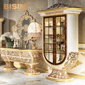 高雅的艺术白色和金色花卉装饰意大利餐厅双门橱柜展示餐具柜
