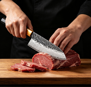Hand Forged Damascus Santoku Chef Knife Hammered Texture Blade Ebony <b>Wood</b> Handle, Sharp Japanese Kitchen Knife for <b>Slicing</b> Meat - Product Image 3