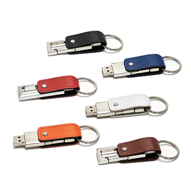 Leather Keychain USB Flash Drive 8GB-32GB Custom Embossed Logo Business Gift Rectangular Shape Silk-Screened/Laser-Engraved