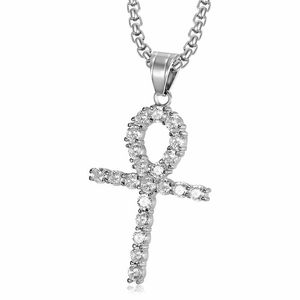 Ankh Pendant <b>Necklace</b> Stainless Steel With Zircon Channel Setting Cross Shape Hip Hop Jewelry Gift For Men Women - Product Image 5