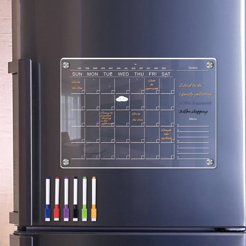 Placa seca personalizada do apagamento do calendário acrílico reusável magnético seca do apagamento com placa do memorando para o refrigerador