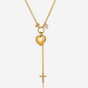 Collar con Colgante de Corazón, Chapado en Oro de 18K, Acero Inoxidable con Cruz y Engaste Pavé, Ideal para Regalo - Product Image 1