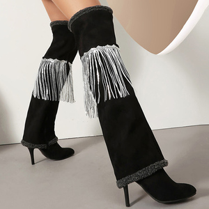 Bottes hautes à franges pour femme, grande taille 45, en daim et fourrure, à revers, bout pointu, talons aiguilles - Product Image 4