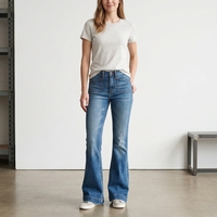 Jean en denim bleu extensible taille haute évasé pour femme, style 5 poches, confortable, bottes western ajustées à la cheville, élégantes