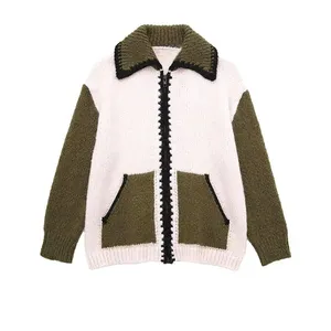 Mohair Cardigan de tricô feminino jaqueta suéter com gola alta e camisa com zíper de manga comprida