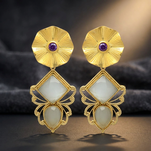 Boucles d'oreilles pendantes artisanales en laiton et pierres précieuses, plaquées or, style ethnique bohème, pour fiançailles et soirées, tendance - Product Image 2