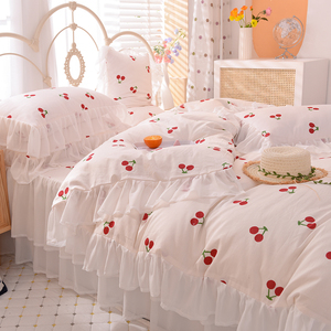 Juego de Sábanas de Algodón con Volantes y Encaje, Estilo Coreano, con Estampado de Cerezas, para Cama de Princesa - Product Image 2