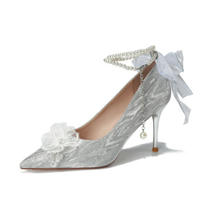 Zapatos de Novia con Tacón de Aguja, Punta en Pico, Correa en el Tobillo, Decoración de Lazo, Plateados, Tacón Alto de 5cm-8cm, Forro de Satén - Product Image 3