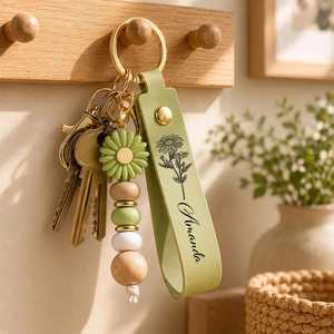 Handmade Daisy Flower Beaded <b>Keychain</b>, Personalized Name Leather <b>Keychain</b>, Cute Aesthetic Bag Charm & <b>Wallet</b> Pendant for Women - Product Image 2