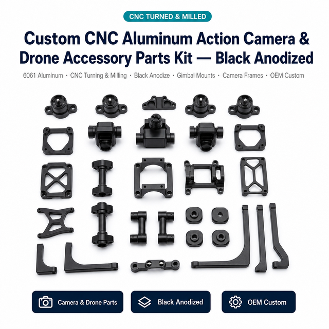 Custom CNC Machined Aluminum Alloy Black Anodized Action Camera Drone Parts Kit FPV Racing Gimbal Mounts Frames Brackets OEM