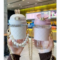 Gourde portable anti-fuite avec oreilles de lapin et perles, en plastique, 380 ml et 580 ml, avec sangle, pour enfants et adultes