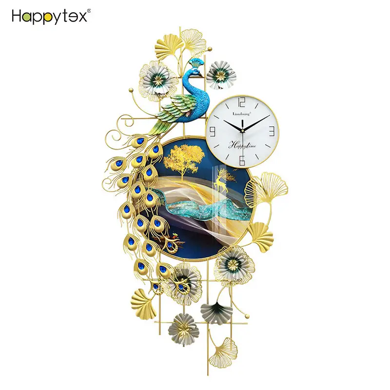 Peacock Background Quartz Clock Wall Luxury Crystal Porcelain Painting Modern Wall Clock For Home Living Room Decoration