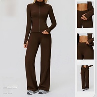 Ensemble de fitness 2 pièces en polaire pour femme : veste zippée coupe-vent et pantalon long à taille élastique, jambe large, col montant, pour course en extérieur et gym