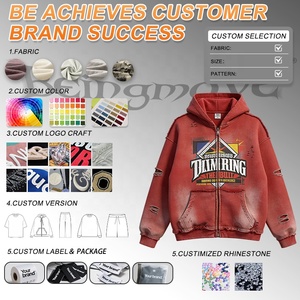 Felpa con Cappuccio e Zip Personalizzata di Lusso con Gemme Brillanti e Strass <span class=keywords><strong>Oversize</strong></span>, Effetto Lavaggio Acido, Stile <span class=keywords><strong>Vintage</strong></span> Streetwear per Uomo - Product Image 2