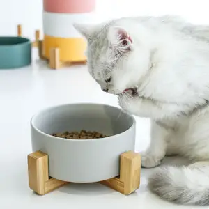 批发日本风格印花白色定制高架支架凸起大理石陶瓷猫宠物狗碗喂食器