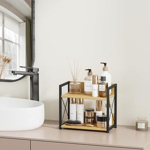 Étagère double couche en fer forgé, bibliothèque en bois et métal, support de rangement pour la maison et le bureau, type sur pied à 2 niveaux, design durable - Product Image 4