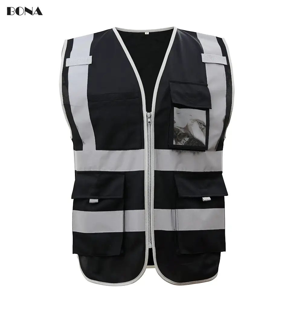 High Quality Custom logo print Black color Reflective safety vest with pockets EN20471 & CE standard, reflective clothing
