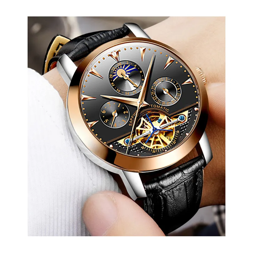 Fashion stainless steel case calendar skeleton moon phase waterproof men automatic mechanical watch