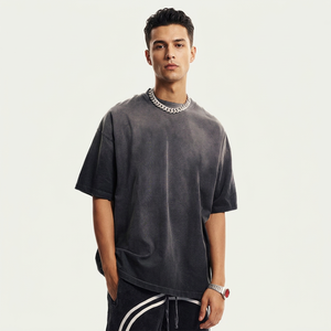 T-shirt délavé à l'acide, coupe oversize, noir uni, manches courtes, col rond, décontracté, en jersey de coton tricoté - Product Image 3