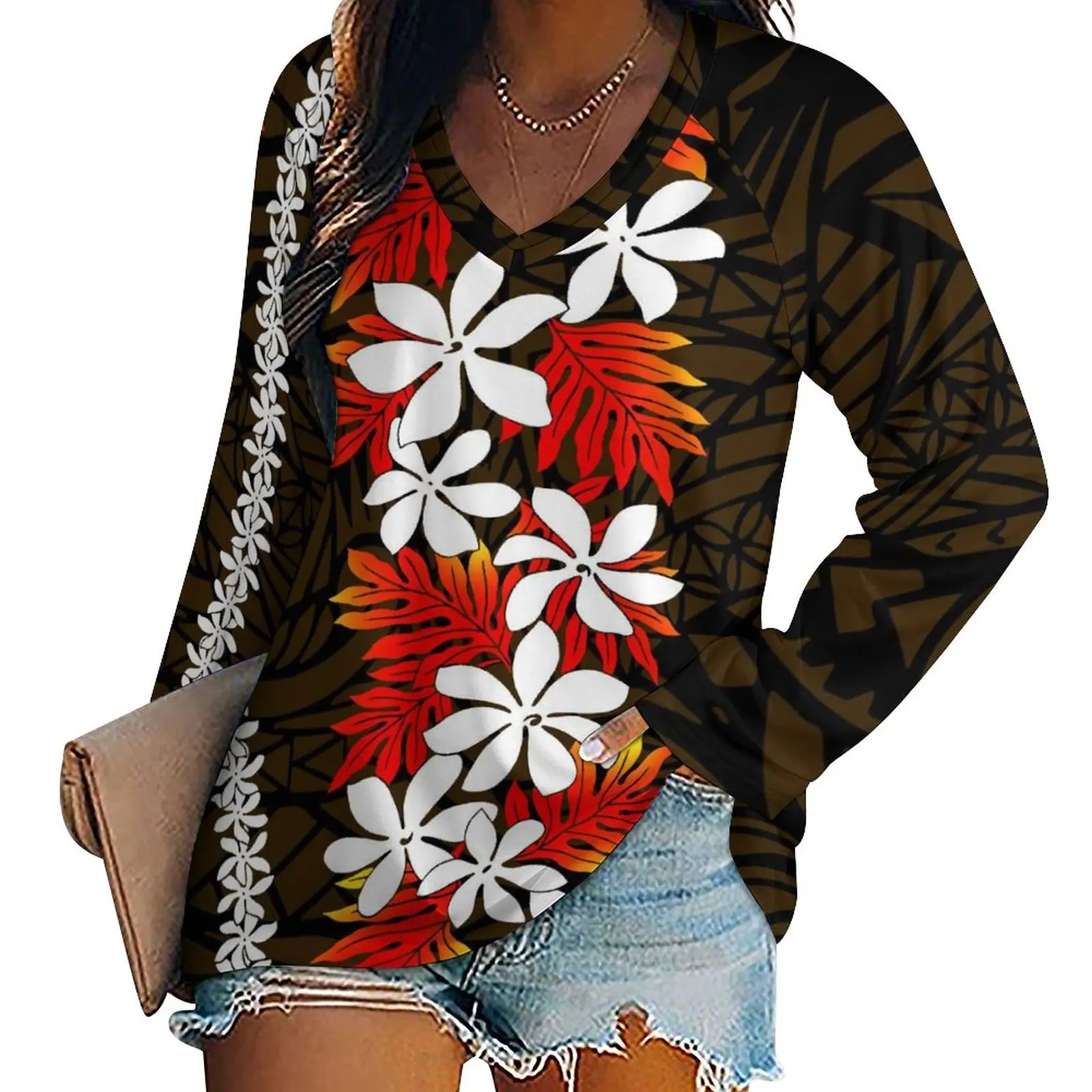 wholesale plus size polynesian women's casual tops cozy polyester cotton t shirts samoan tiare print tee shirt for women