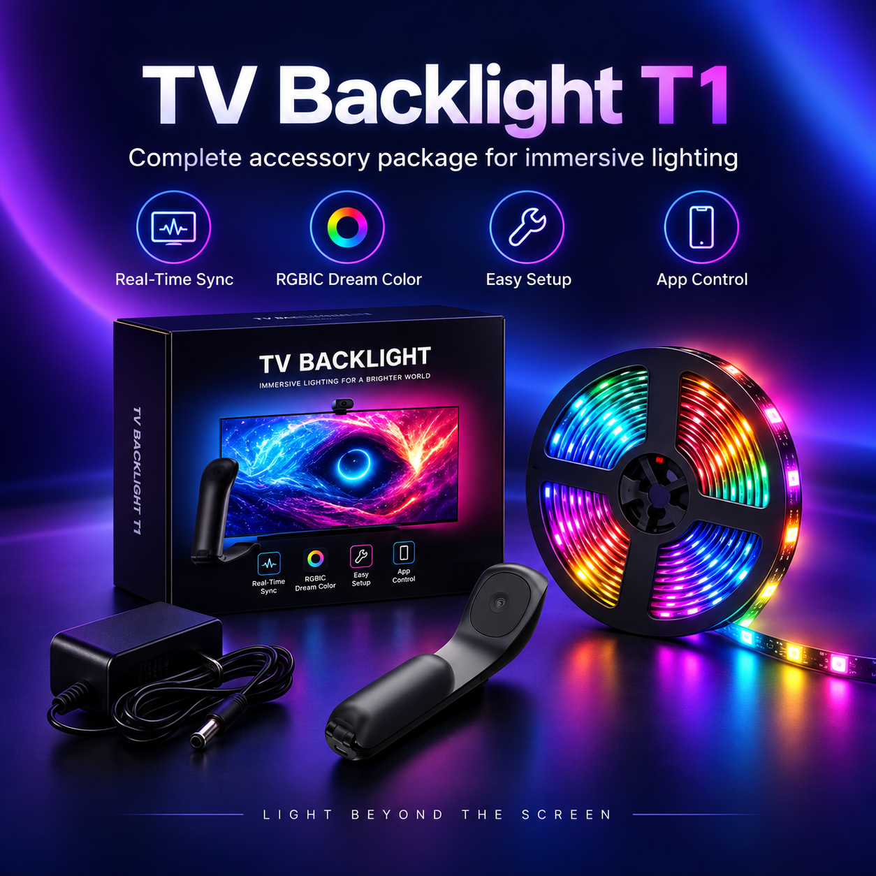 TV <strong>Backlight</strong> <strong>Camera</strong> RGB <strong>Sync</strong> to Screen Music Control LED Strip Cuttable App Controlled Flexible Ambient Light Kit for Gaming