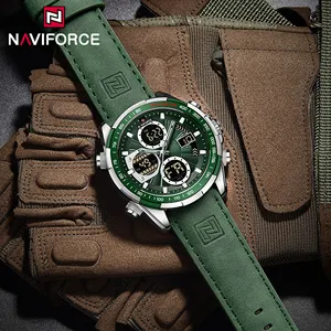 NAVIFORCE jam tangan kulit kasual pria, arloji konograf kasual tahan air Display Digital dengan kalender NF9197L