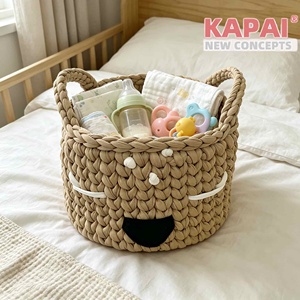 אחסון חיתולים חמוד בצורת דוב חום של KAPAI - סל אחסון לחדר תינוקות עשוי מחבל כותנה ארוג בעבודת יד, עיצוב עכשווי לחיתולי תינוקות - Product Image 4
