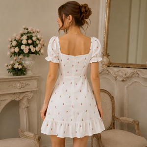 Robe mini blanche brodée cerisier à manches bouffantes, coupe trapèze, col cœur, ajustée, en coton, décontractée d'été, logo personnalisé - Product Image 2