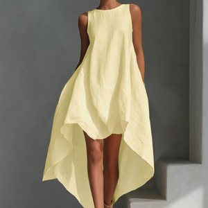 Robe midi décontractée sans manches en lin mélangé pour femme, coupe trapèze, ourlet asymétrique, grande taille, idéale pour les vacances, compatible Dropshipping Shopify - Product Image 4