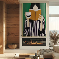 Femme lisant avec un café, peinture à l'huile peinte à la main sur toile, art mural intérieur minimaliste et calme
