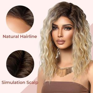 Nouveau produit d'<span class=keywords><strong>Amazon</strong></span>, une petite perruque de soie à haute température de vague d'eau de cheveux bouclés courts de cheveux bruns de côté raie pour européenne et amère - Product Image 5