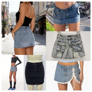 Summer Casual Women's High Waist Denim Mini <b>Skirt</b> Solid Color With Pockets Regular Fit A-Line Jean <b>Skirt</b> Distressed Washed Style - Product Image 5