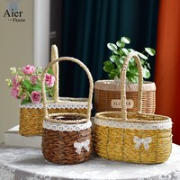 Keranjang Penyimpanan Bunga Anyaman Rotan Alami Buatan Tangan Aierflorist dengan Pegangan Bentuk Bulat/Oval, Wadah Pot Tanaman Hijau