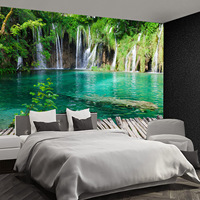 Tapisserie murale en polyester vert émeraude motif cascade forestière, légère et facile à accrocher, décoration murale, vente en gros