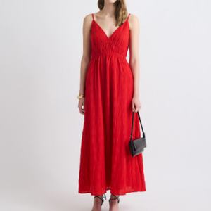 Vestido Maxi Casual Bohemio con Textura Jacquard, Cuello en V, Sin Mangas, Cintura Elástica, Diseño de Parches, Color Sólido, Talla XS para Verano, Nueva Llegada 2025 - Product Image 1