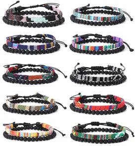 Pulseira de corda para masculina, corda de algodão ajustável, corda de tecido com miçangas, braceletes feitos à mão