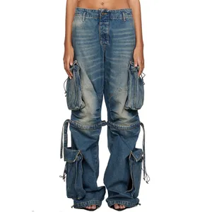 Hot Sale Innovative Button-fly Pants Wide-leg Non-stretch Denim Cargo Pants Blue Fading Low-rise Denim Cargo Pants for Women