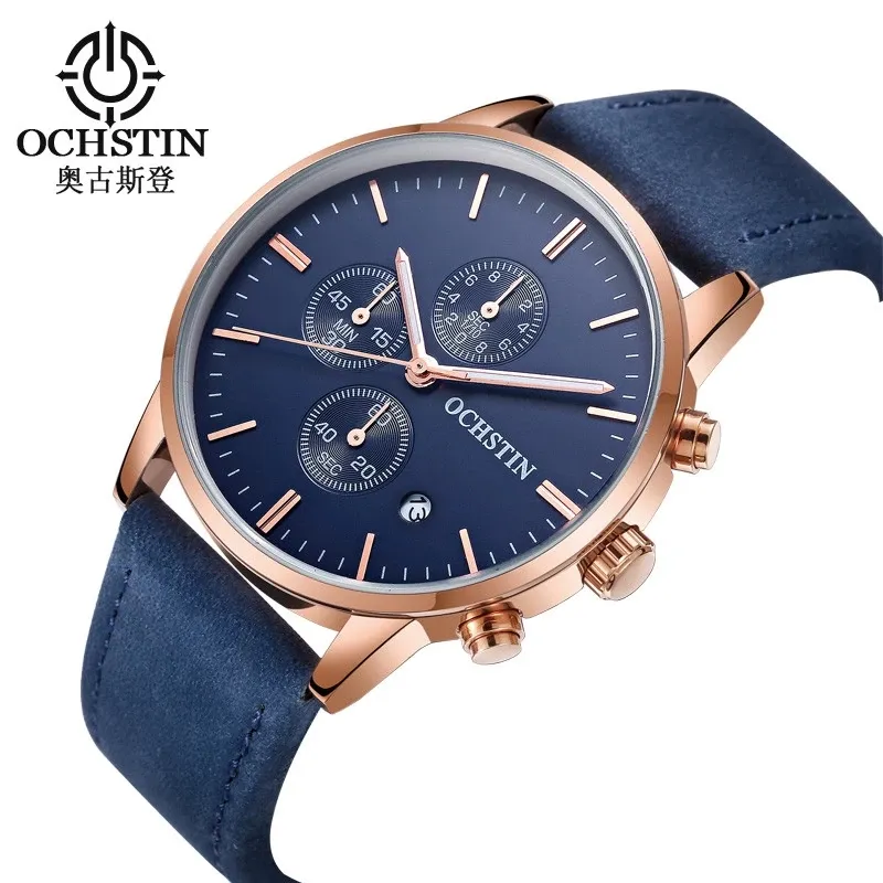 OCHSTIN 084 fashion blue unisex quartz watch vive PU leather band water resist date display Concise wrist watch