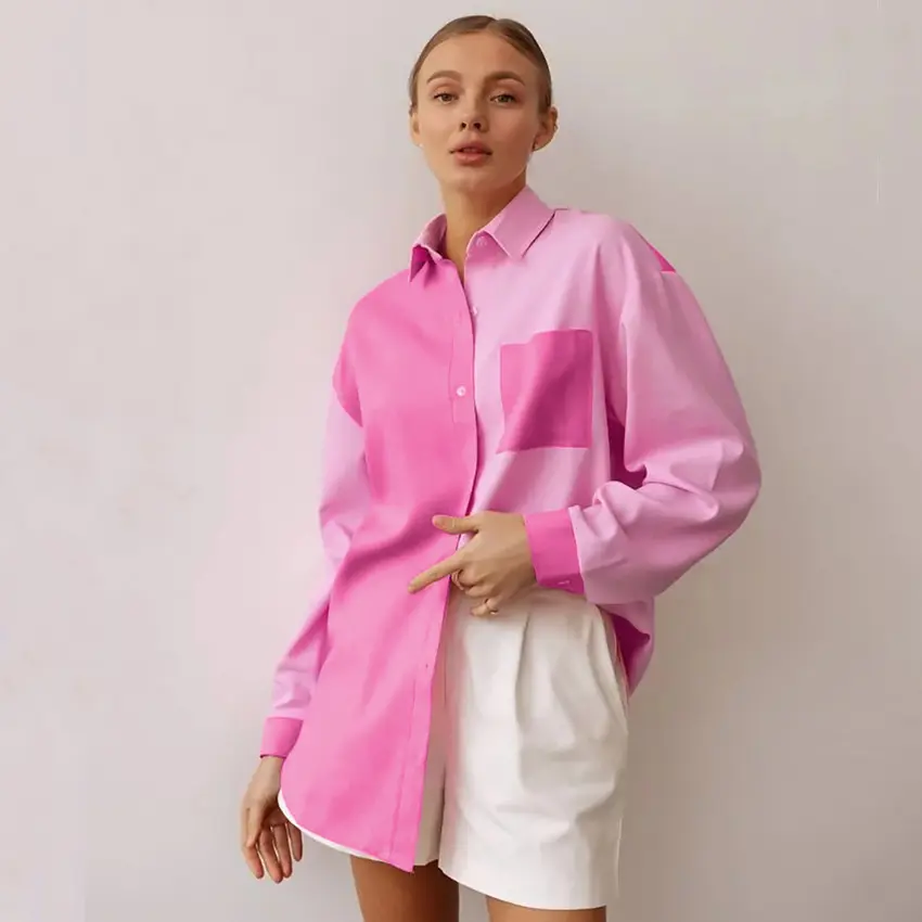 Enyami Chic kadın giyim Streetwear Patchwork pembe Boxy Casual Tops pamuk keten gömlek kadın bluzlar