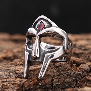 yunnique Punk Mask <b>Ring</b> Stainless Steel Men's Gothic Warrior Viking Style Red Stone Inlay JZ0072 - Product Image 2
